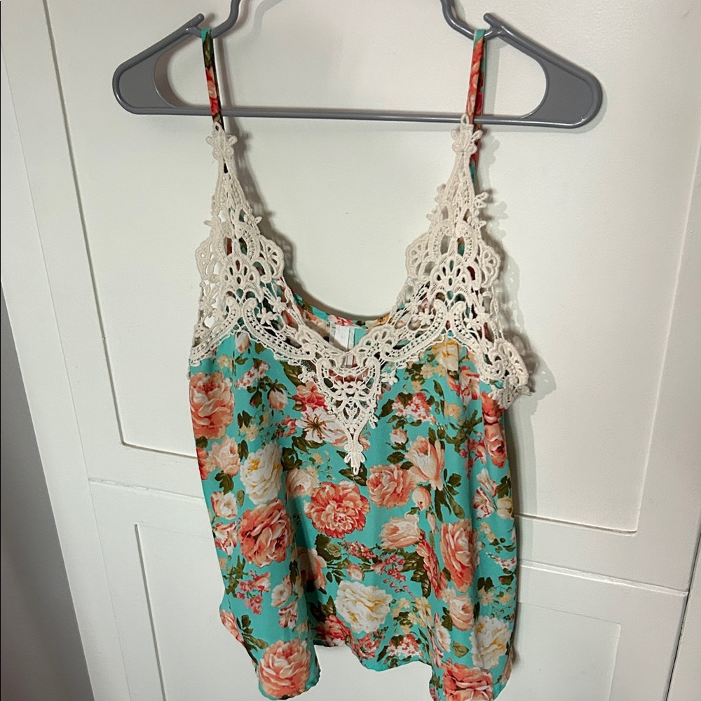 Floral Lace Trim Camisole in Teal and Cream